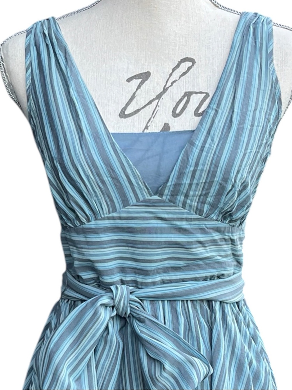 Banana Republic Aqua/Blue Stripe Cotton V-Neck Tie Waist A-Line Midi Dress (4) - Picture 3 of 16